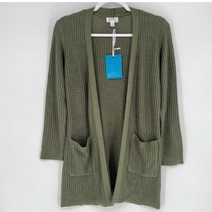 NWT Market & Spruce Olive Waffle Knit Open Front Cardigan Sweater Small Petite